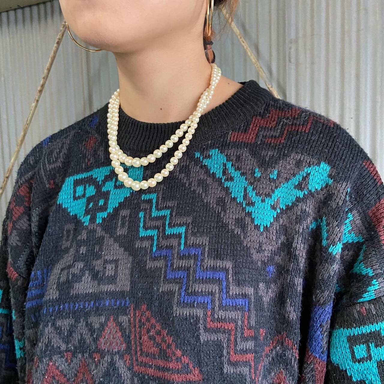 ビッグサイズ Boulevard ネイティブ柄 総柄 アクリル ニットセーター