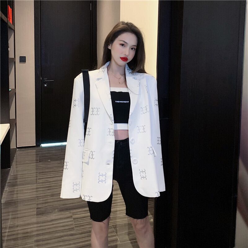 ホワイトフライドストリートスモールスーツレディース初秋のデザインセンスプリントシンスーツ2020ニューニッチジャケットジャケット ブラックストロベリース36868073736