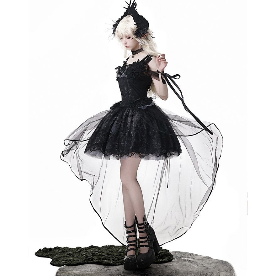 ゴスロリドレス 黒 フリル付き ウィッグ付き　ベイビー　あしながおじさんの靴付き ゴスロリドレス 黒 フリル付き ウィッグ付き ベイビー