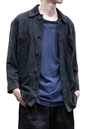 00's "LOEWE” Dark Navy Suede Leather 2-Pocket Shirts Jacket Made in SPAIN