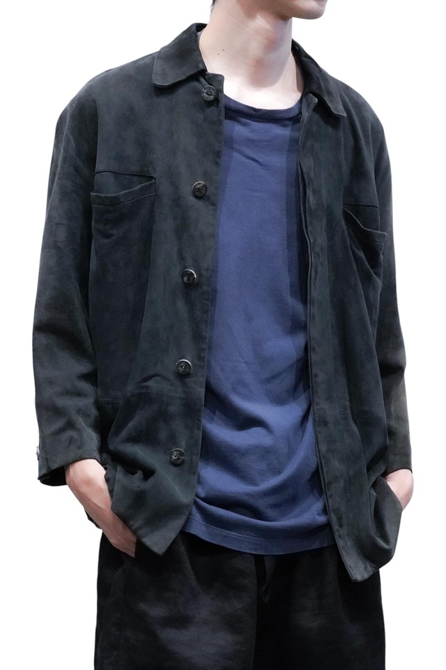 00's "LOEWE” Dark Navy Suede Leather 2-Pocket Shirts Jacket Made in SPAIN