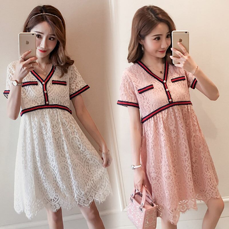 【新作】【送料無料】 新しいルーズプラスサイズのファッションVネックレースミドル丈プラスサイズのマタニティドレスのマタニティドレス2019夏バージョン-アリババ 大きめサイズ サマー 夏物 expec230803888333