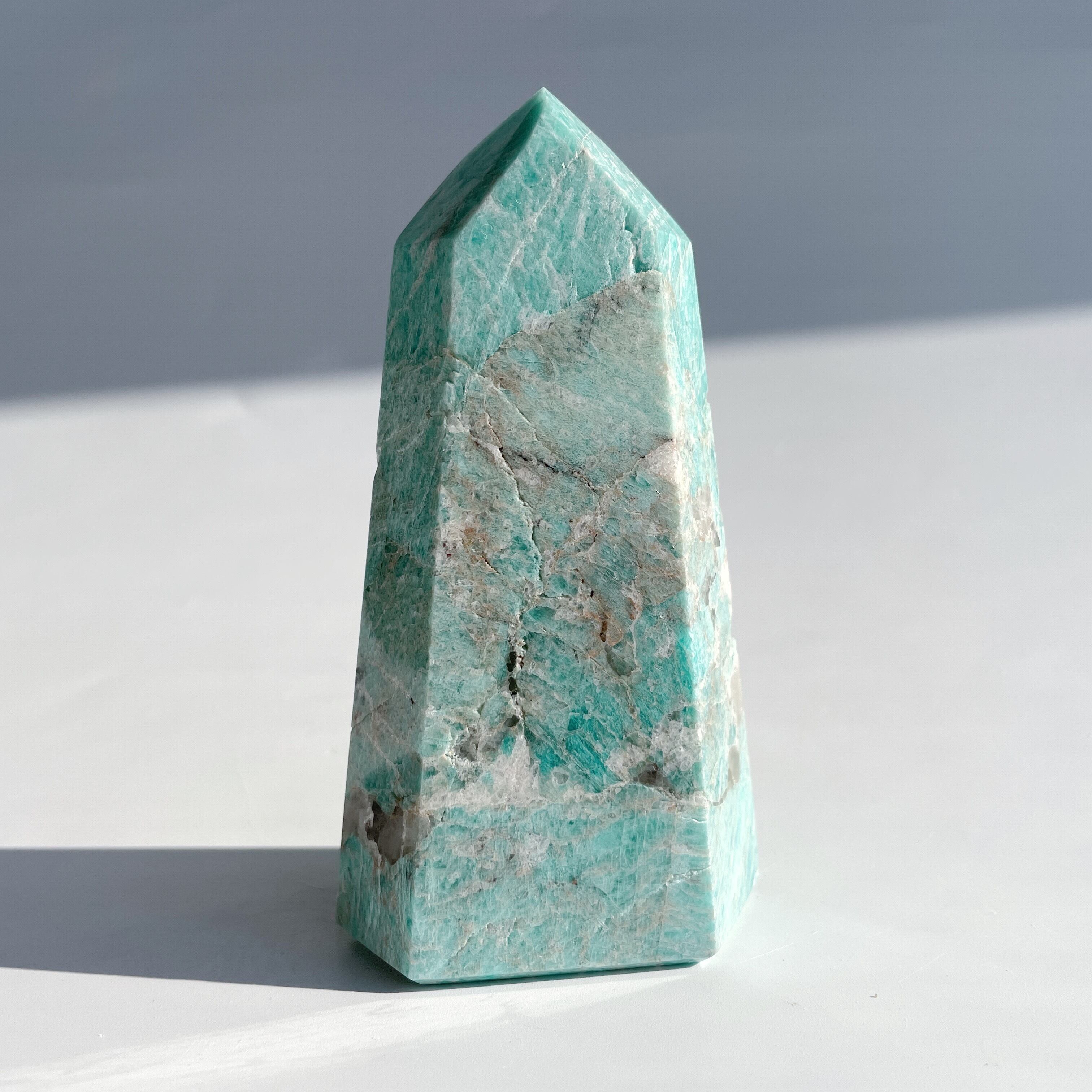 アマゾナイト　原石　置物　木製台座　パワーストーン アマゾナイト タワー型09◇Amazonite◇天然石・鉱物・パワーストーン
