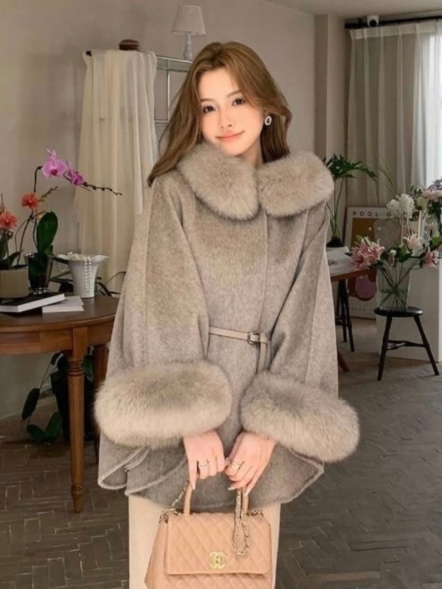 Hood with fur High-class cape wool coat《 即日発送 》