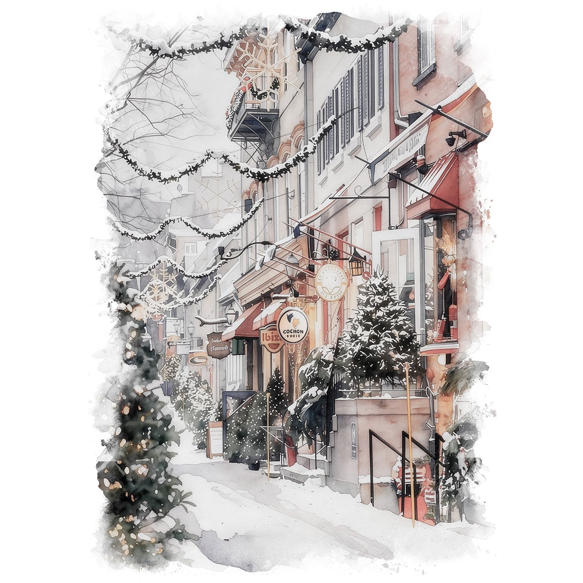 絵画 カナダ 風景画(街並み) 冬 雪が降るケベック クリスマスの風景