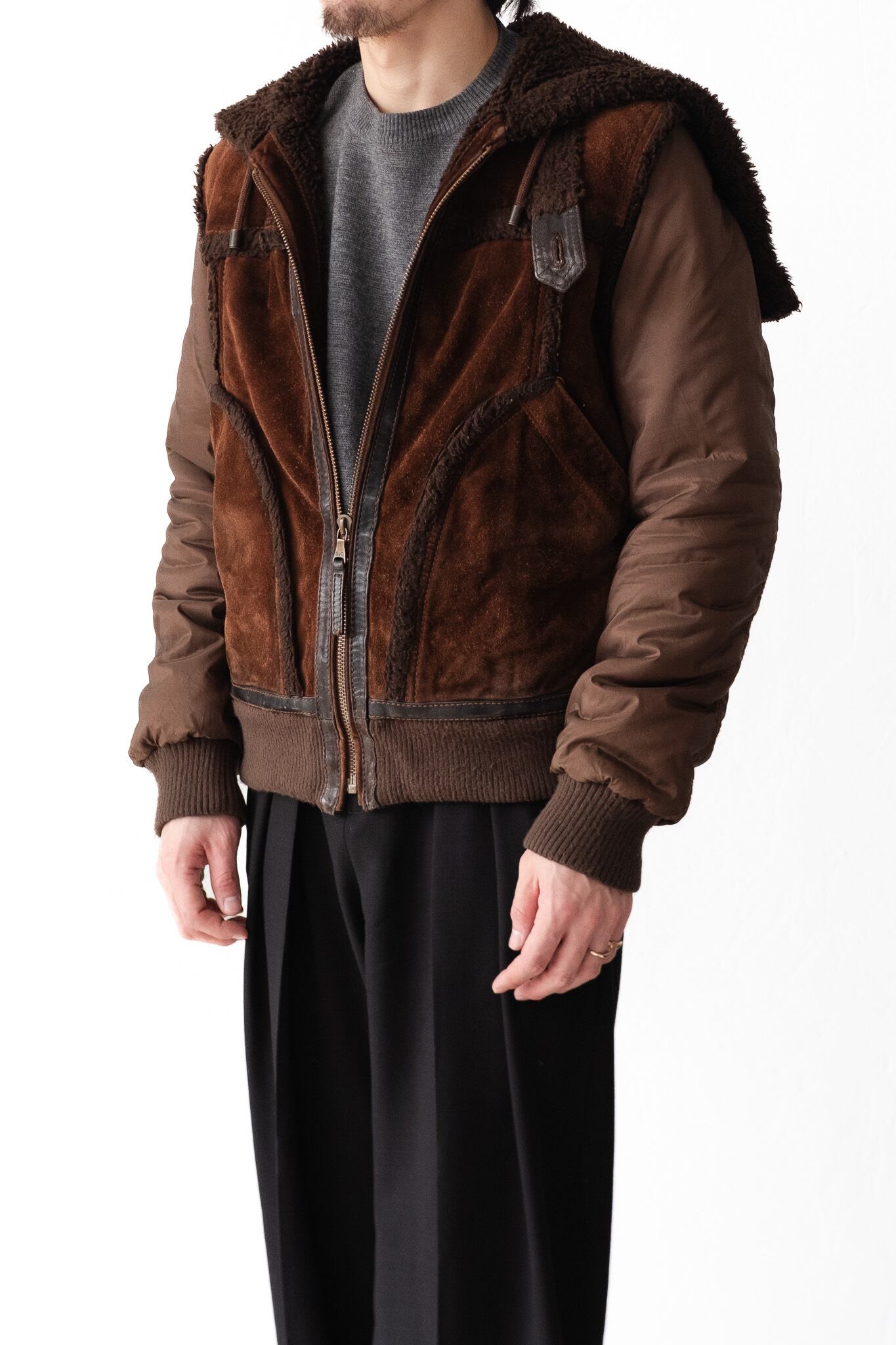 Early 2000's] “D&G” Leather Body × Puff Sleeve Hooded Jacket (Made