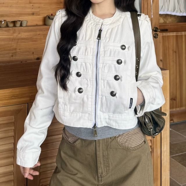 ノーカラークロップドナポレオンデニムジャケット 2col R02714