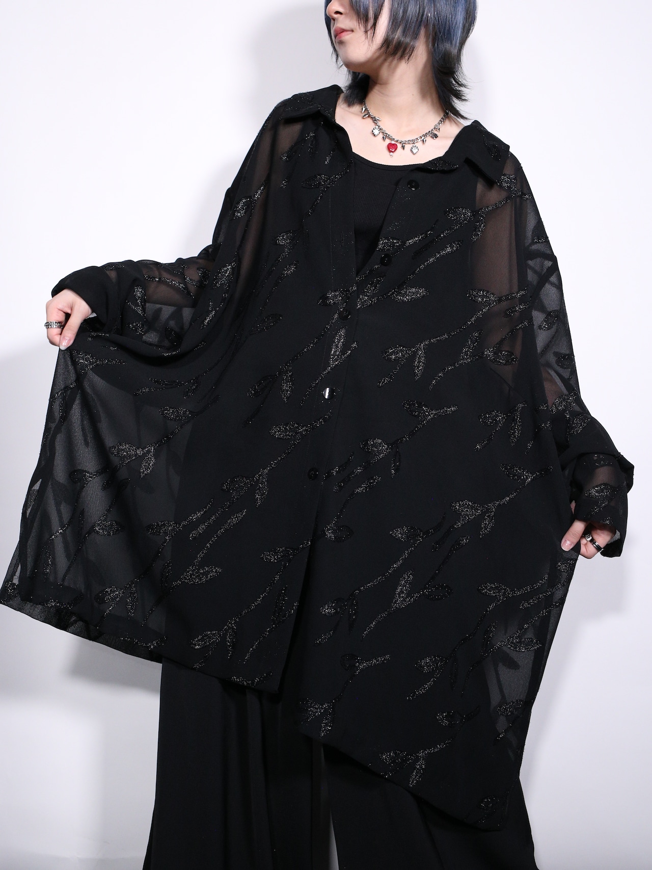 glossy leaf pattern super over silhouette sheer shirt - 1