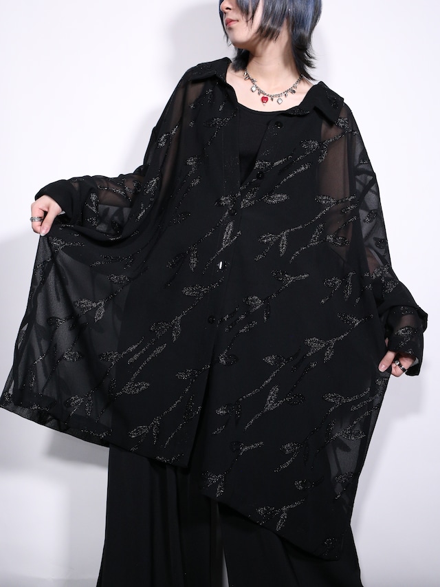glossy leaf pattern super over silhouette sheer shirt