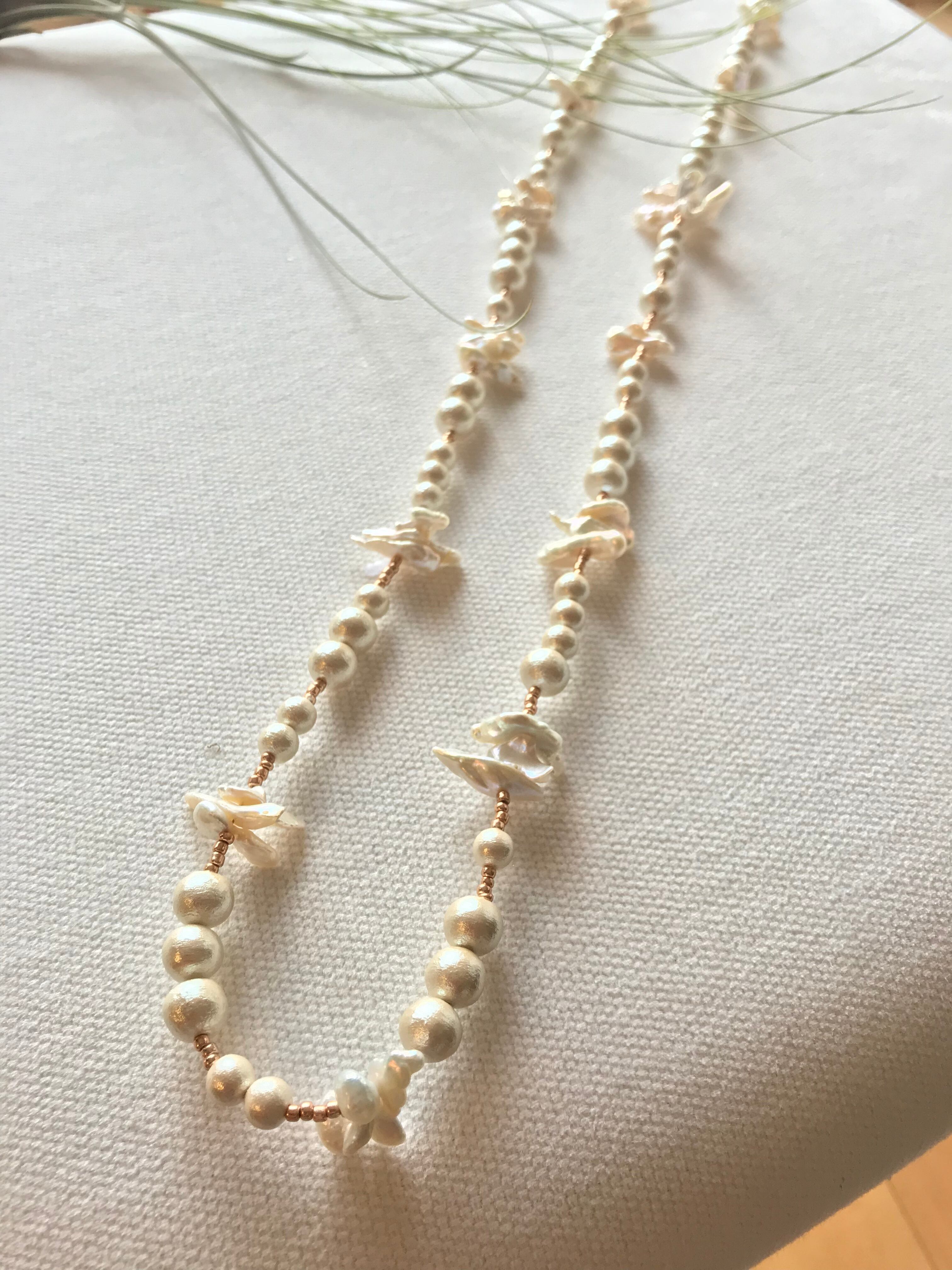 コットンパールロングネックレス バロックパールmix コーラルなどを使ったビーチリゾート系アクセサリーari Jewelry
