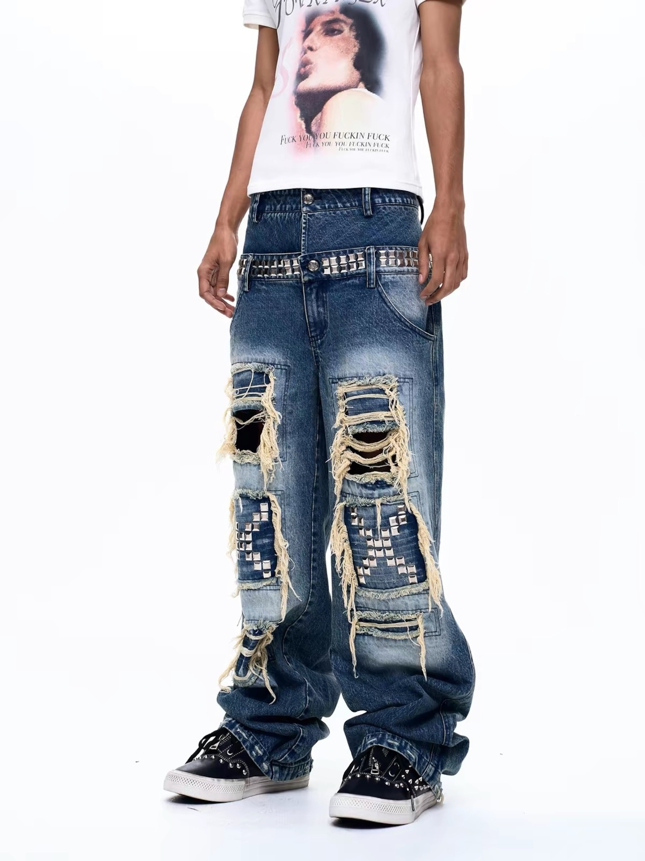 【Fourth3ex】Double Waist Distressed Denim Pants
