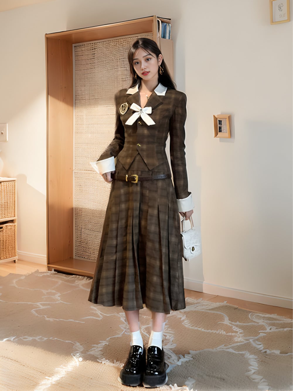 ツータイプブラウンチェックベルテッドセットアップ | 韓国/ワンホン