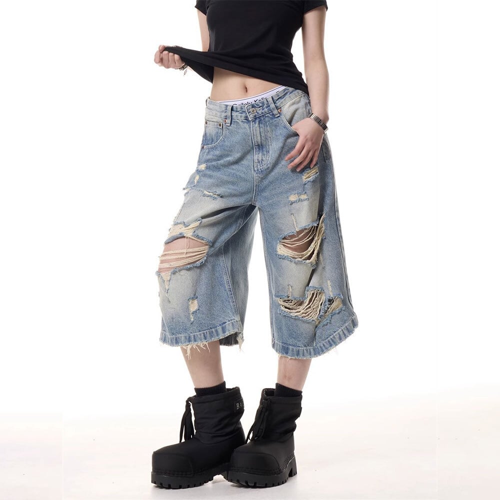 【送料無料】 デニムパンツ ダメージ加工 レディース デニム ワイド ジーンズ 韓国 ストリート アメカジ ヴィンテージ 柔らかい レトロ ウォッシュ加工 春夏 Aライン ゆったり 大人可愛い 大人女子