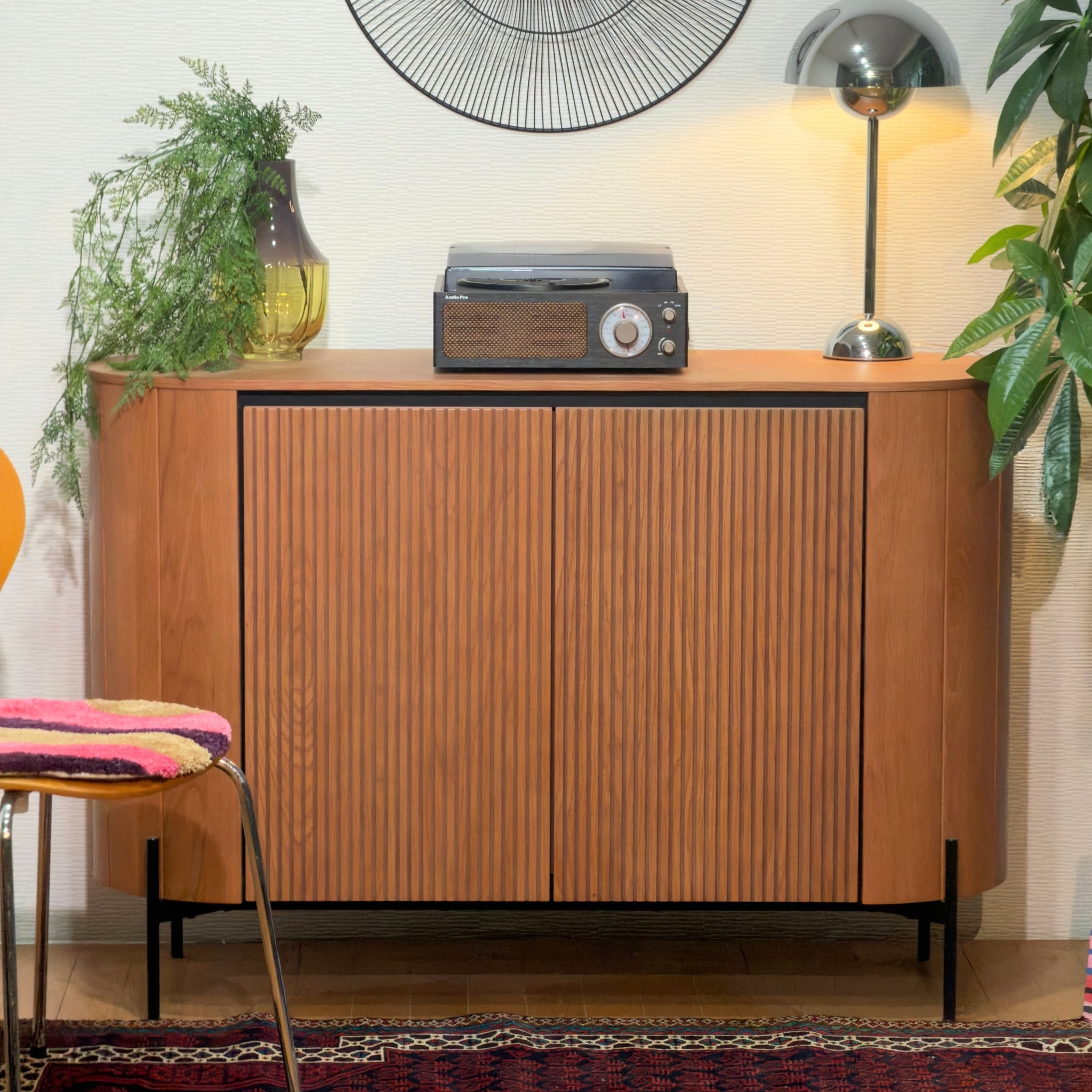 新品】Curved Ribbed Sideboard / チークカラー オーバルフォルム リブ