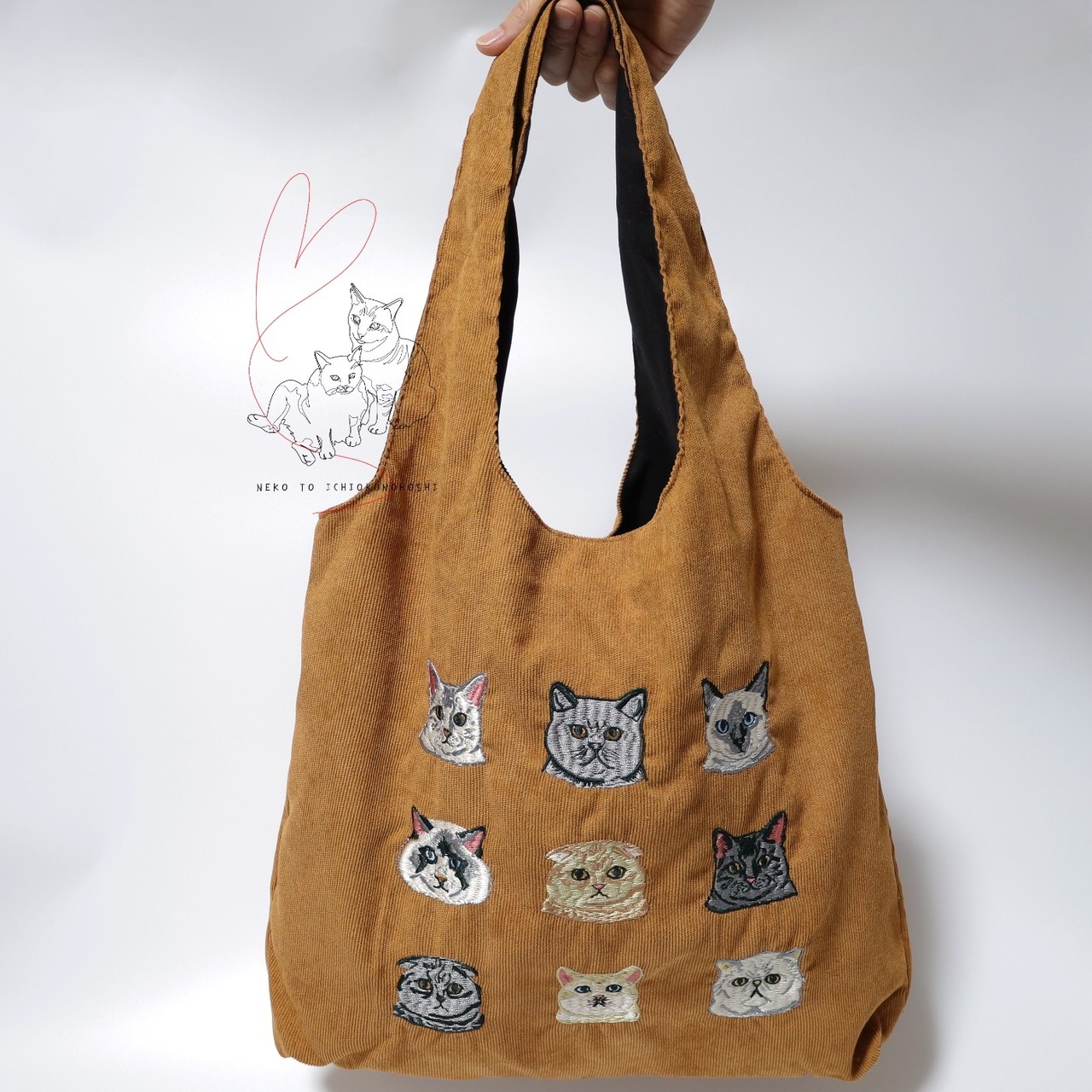 Jubilee 猫デザイン刺繡コーデュロイトートバッグ ブラウン