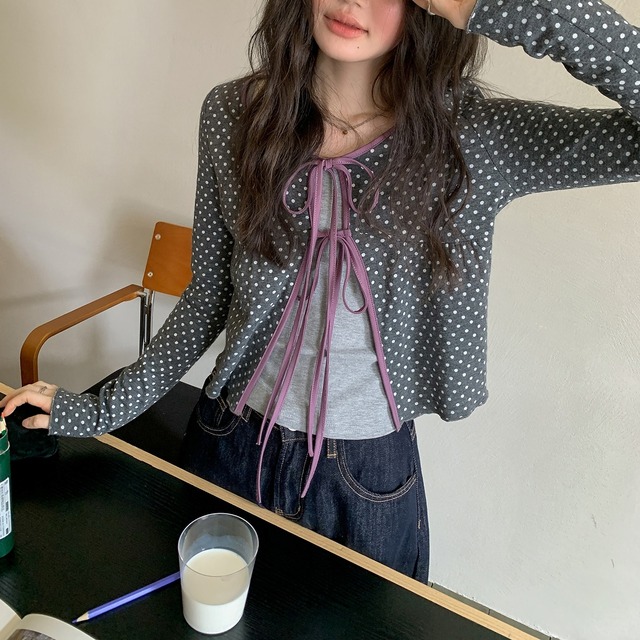 dot piping ribbon cardigan　k-0239
