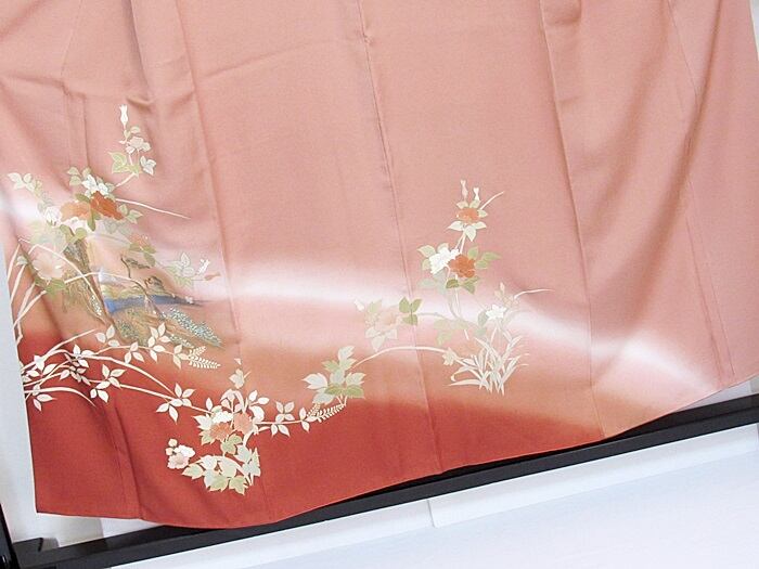 附下げ】袷着物 梨地 椿に富士 虹段暈かし／152cm前後ベスト☆ローズ