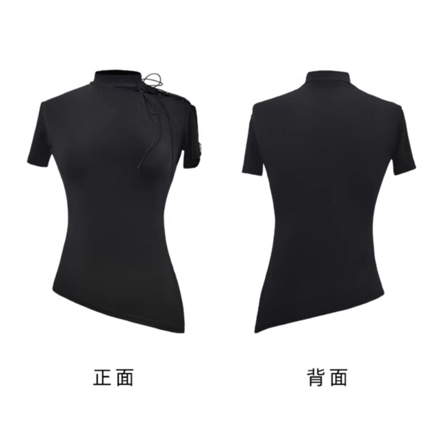 ハイネック ショートスリーブ クロスデザイン トップス 1col　D00406