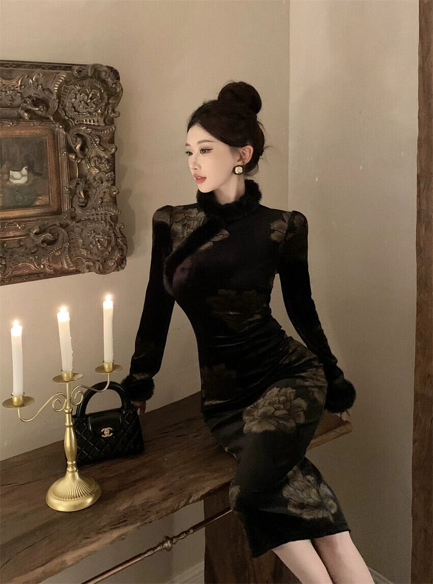 スリムフィットベルベットファーステッチチャイナドレス女性の