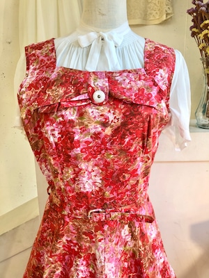 50's pink×red print dress ribbon design with belt