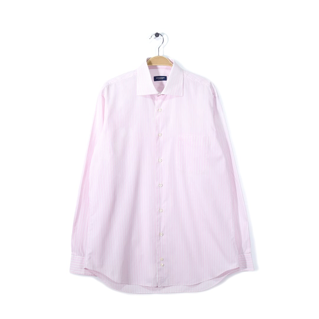 バーバリー スペイン製 ワンポイントロゴ ストライプ 長袖シャツ 薄ピンク ワイドカラー ドレスシャツ BURBERRY サイズL相当 古着 @CA1353