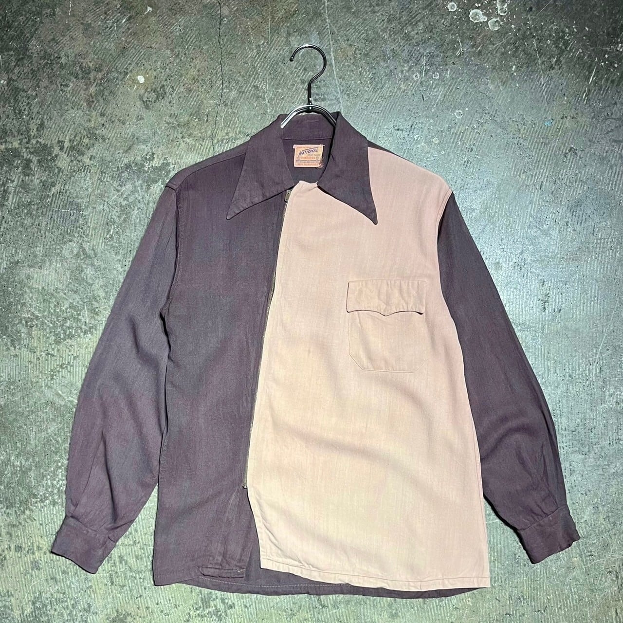 ~50s NATIONAL 2tone Diagonal Zip-up Rayon Gabardine Shirt USA製