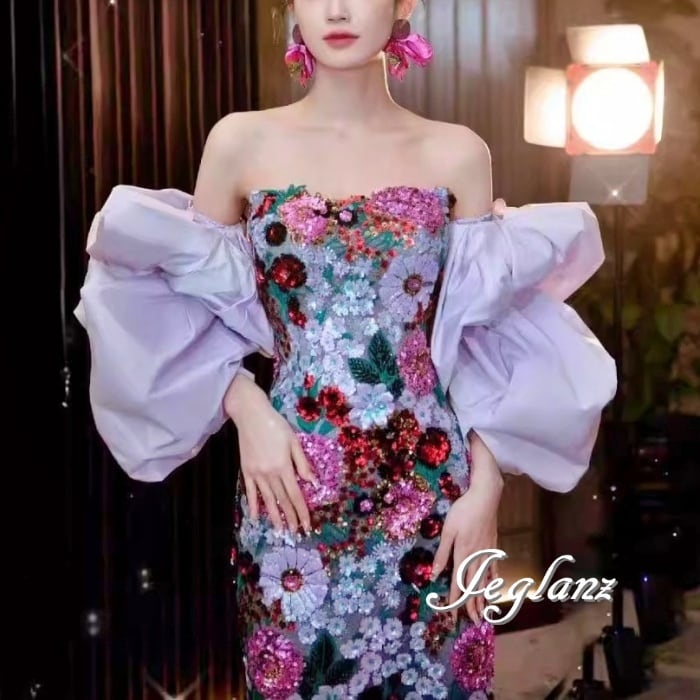 華やか パーティ イブニングドレス 2way ベアトップ つけ袖 光沢感 ♪(M8146)ζ