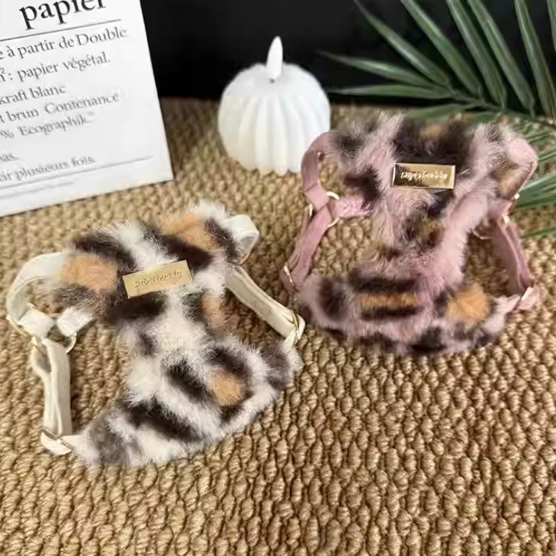 レオパード柄フェイクファーのハーネスとリードのセット 01046