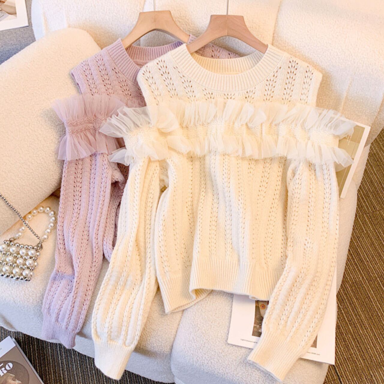 チュール袖フリルクルーネックニットプルオーバー A0323