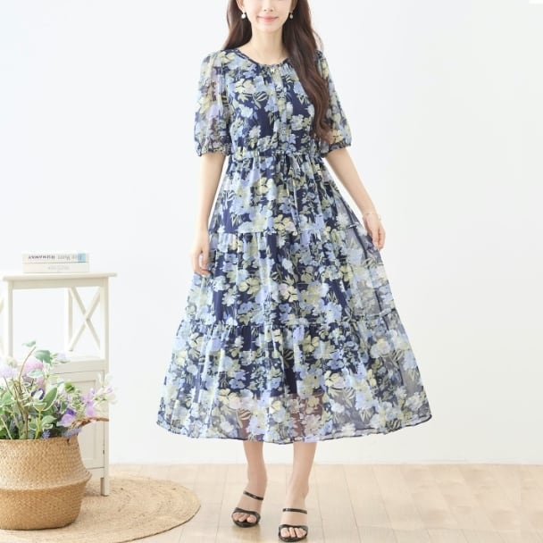 マキシワンピース ウエストリボ ンシフォン花柄 N82-740 TRUBE M L ネイビー fmsd レイヤード風 半袖 上品 ゆったり 体型カバー きれいめ ミセス 春夏
