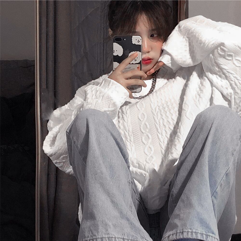 長袖 スウェット トレーナー レディース 韓国 トップス 春秋 おしゃれ エンボス加工 カジュアル 大人 かわいい 立体感 ゆったり 体型カバー 薄手 大人可愛い 大人女子