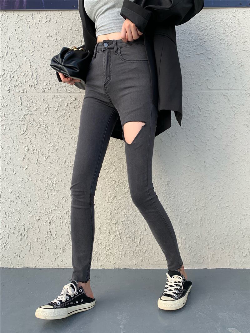グレーの破れたデニムペンシルパンツレディース春秋ハイウエストストレートパンツ2020新しいタイトフィットスリムレッグパンツ ブラックストロベリース10276071097