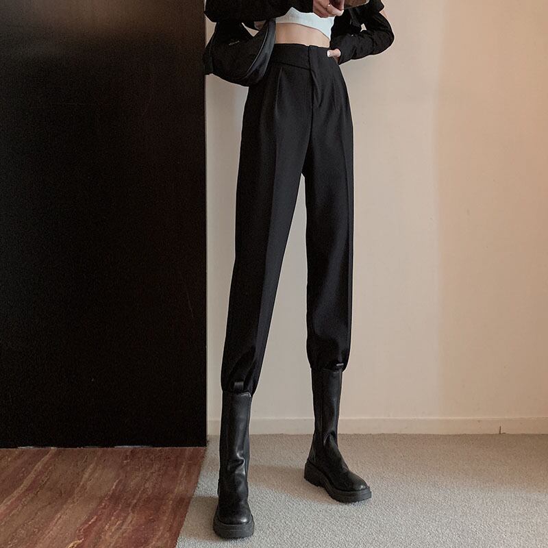 カジュアルパンツ スプリングブラックハイウェストウェストルーズ 春物 ブラックストロベリース70435677054