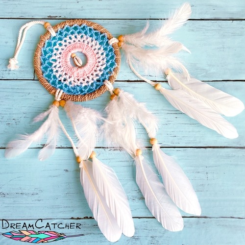 【バリ島直輸入】ネイティブ ドリームキャッチャー S（ブルーピンク×センターシェル）フェザー