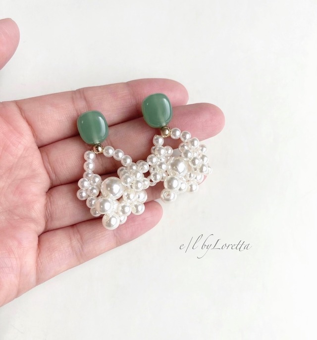 Color stone pearl bubble hoop pierce/earring(Green)  0015