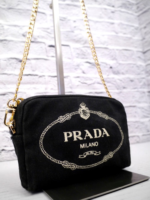 ◆PRADA プラダ CANAPA カナパ ビッグロゴ クロスボディ チェーンストラップ ミニ ショルダー バッグ カメラ バッグ ポーチ ポシェット 黒
