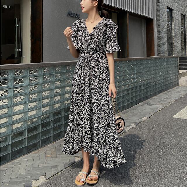 ワンピース レディース 半袖 ロングワンピ マキシ丈 シフォン 花柄 フラワープリント 総柄 ブラック サイズ展開豊富 大きいサイズ S/M/L/XL/2XL/3XL/4XL