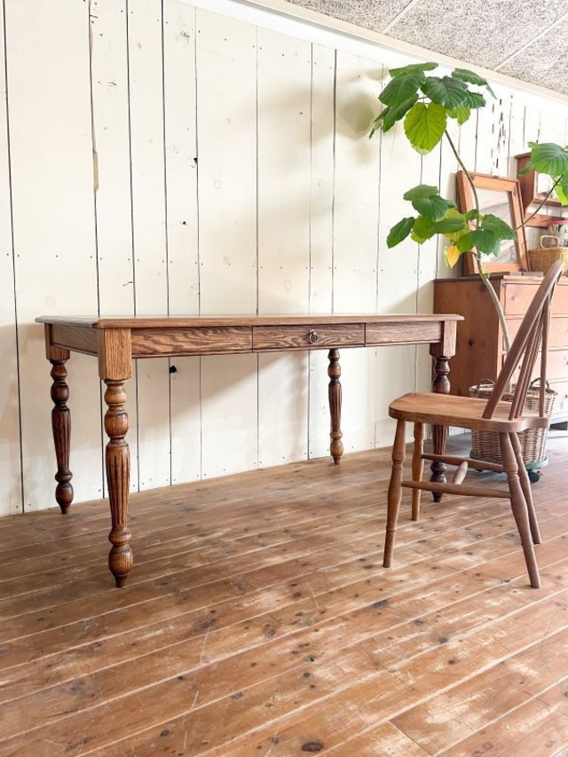 フランスアンティーク調シャビーシックデスクW1200 “ストライプ”(オーク天板ろくろ足テーブル) サイドテーブル