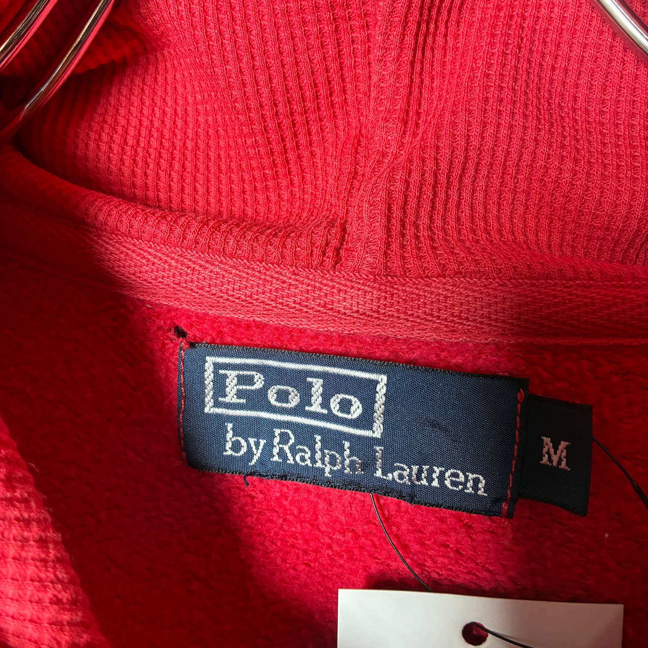 90s POLO RALPH LAUREN ジップパーカー フェードレッド 紺ポニー フード裏サーマル