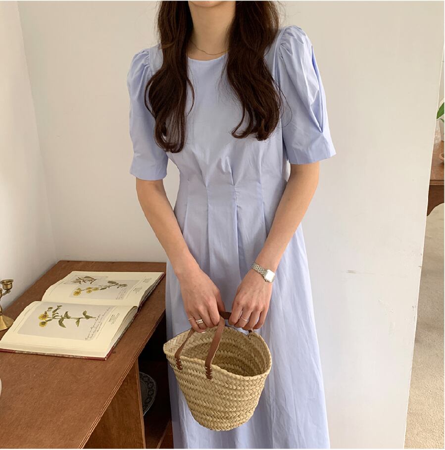 ワンピース レディース ミモレワンピース パフスリーブ タック 半袖 無地 アプリコット ブルー S M L XL クルーネック フレア ハイウエスト スタイルアップ 脚長効果 体型カバー 華奢見え シンプル きれいめ カジュアル フェミニン ガーリー キュート 上品 大人可愛い おしゃれ 普段使い イベント デート お出かけ 女子会 休日 旅行 お呼ばれ 存在感 こなれ感 ファッション コーデ スタイル モテ 10代 20代 30代 40代 春 夏 送料無料