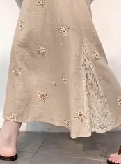 刺繍レース切替 リネン混ロングスカート