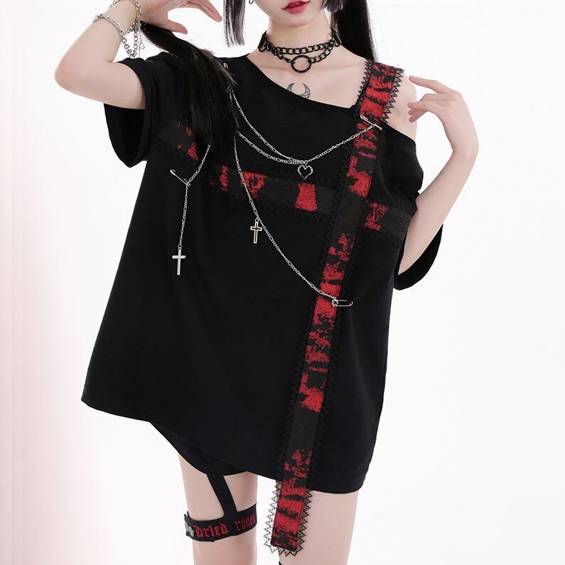 ワンショルダー Tシャツ ストラップ チェーン付き 肩出し ワンショルダー Tシャツ ストラップ チェーン付き 肩出し