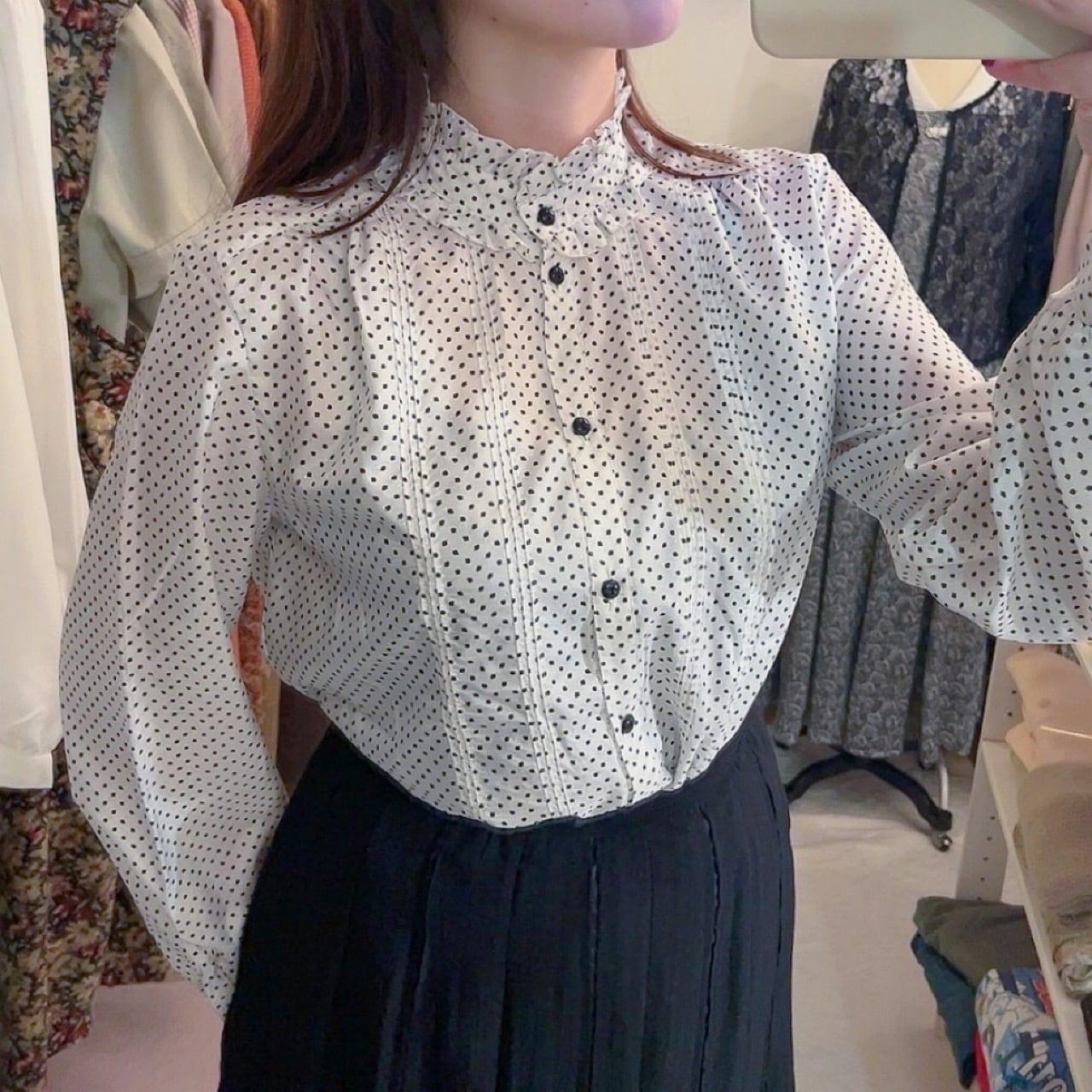 black dot stand collar blouse