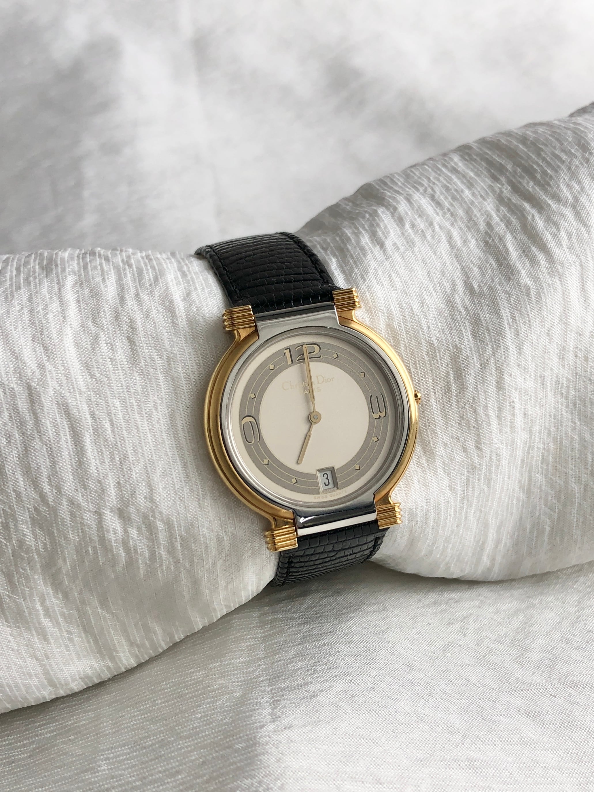 Christian Dior クリスチャン ディオール 腕時計 ゴールド×ブラック レザー vintage ヴィンテージ オールド 76nb8k