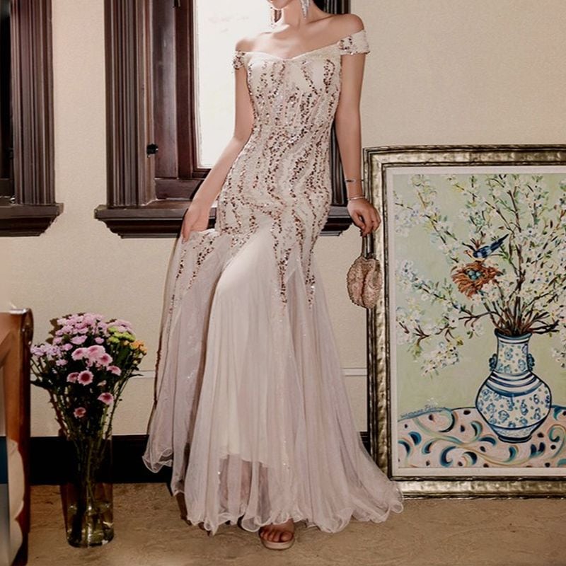 スパンコールオフショルダーマーメイドドレス 7color D1700