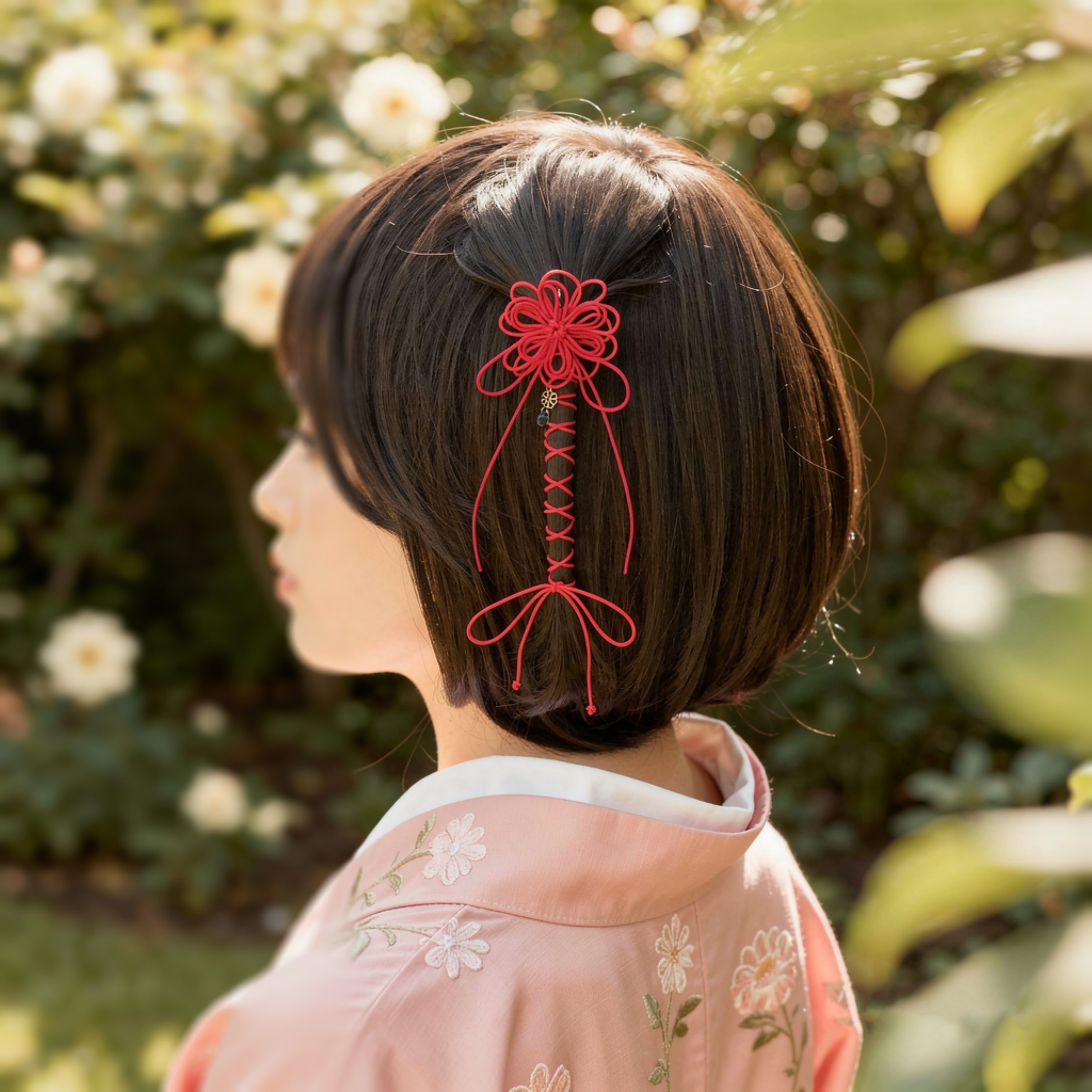 【新作】飾り結びヘアフック「艶ツナグ紅」(赤×朱)【軽量簡単和装ヘア】浴衣・着物にアレンジ自由なフックタイプの髪飾り。