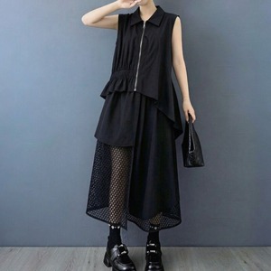 ASYMMETRIC ZIP SHIRT MESH MIDI SKIRT SETUP M-18087