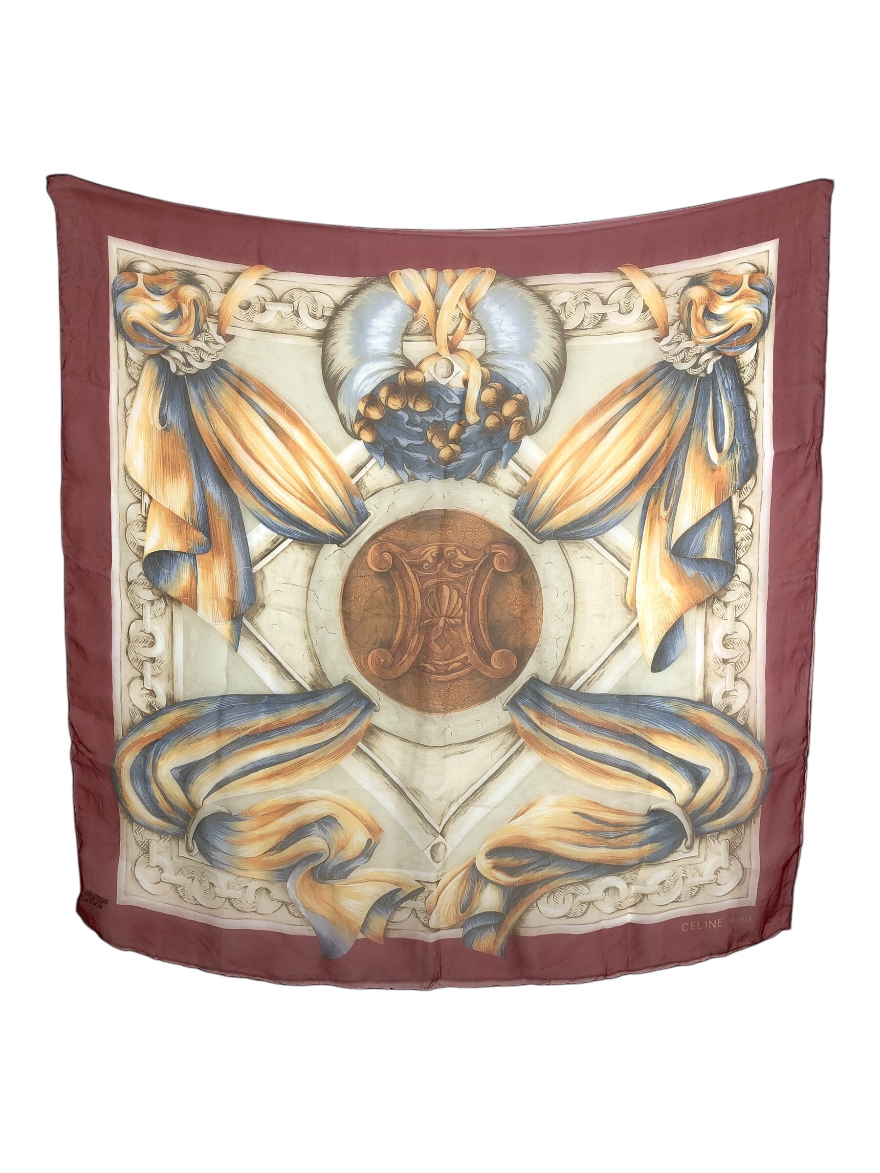 CELINE セリーヌ スカーフ レッド ベージュ ブラゾン シルク vintage ヴィンテージ オールド cib8b5