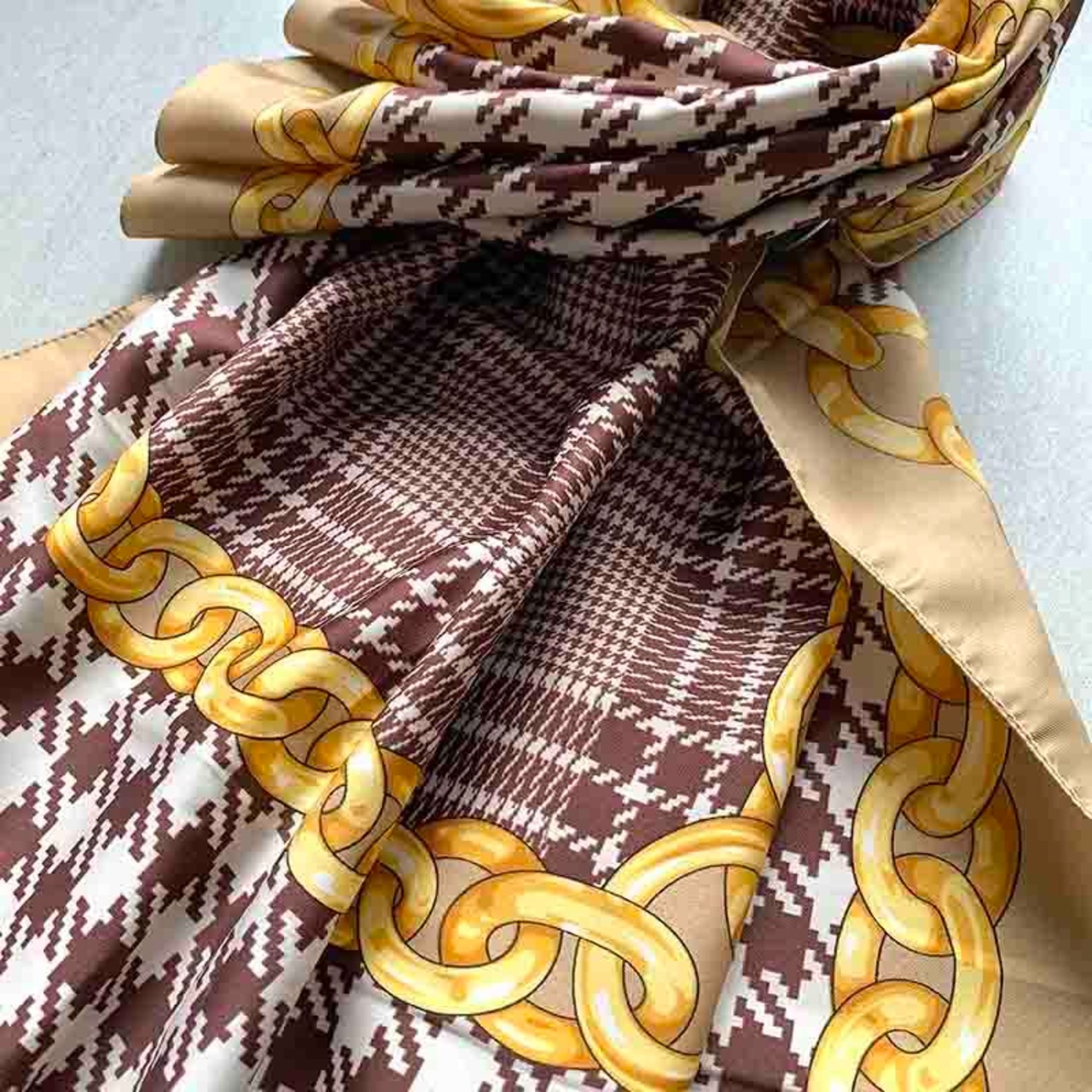 スカーフ　千鳥格子模様　ブラウン×ゴールド　レトロファッション 12ACcv10
