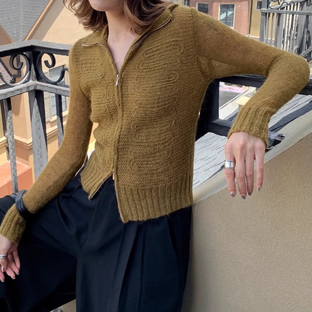 【フロントジッパー長袖ニットカーディガン】P02115